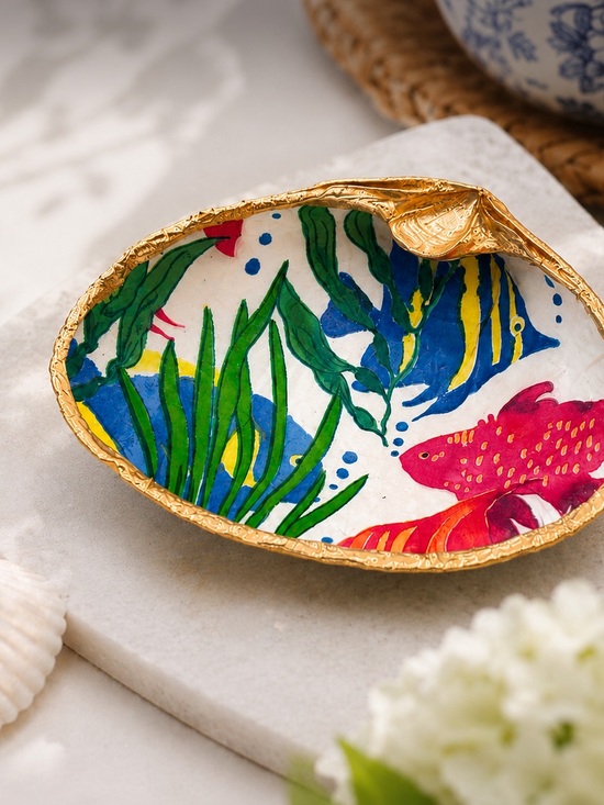 Alcove Crafts & Gifts Other - Tropical Fish Clam Shell Ring Dish | Hand Decoupage Nautical Jewelry Holder